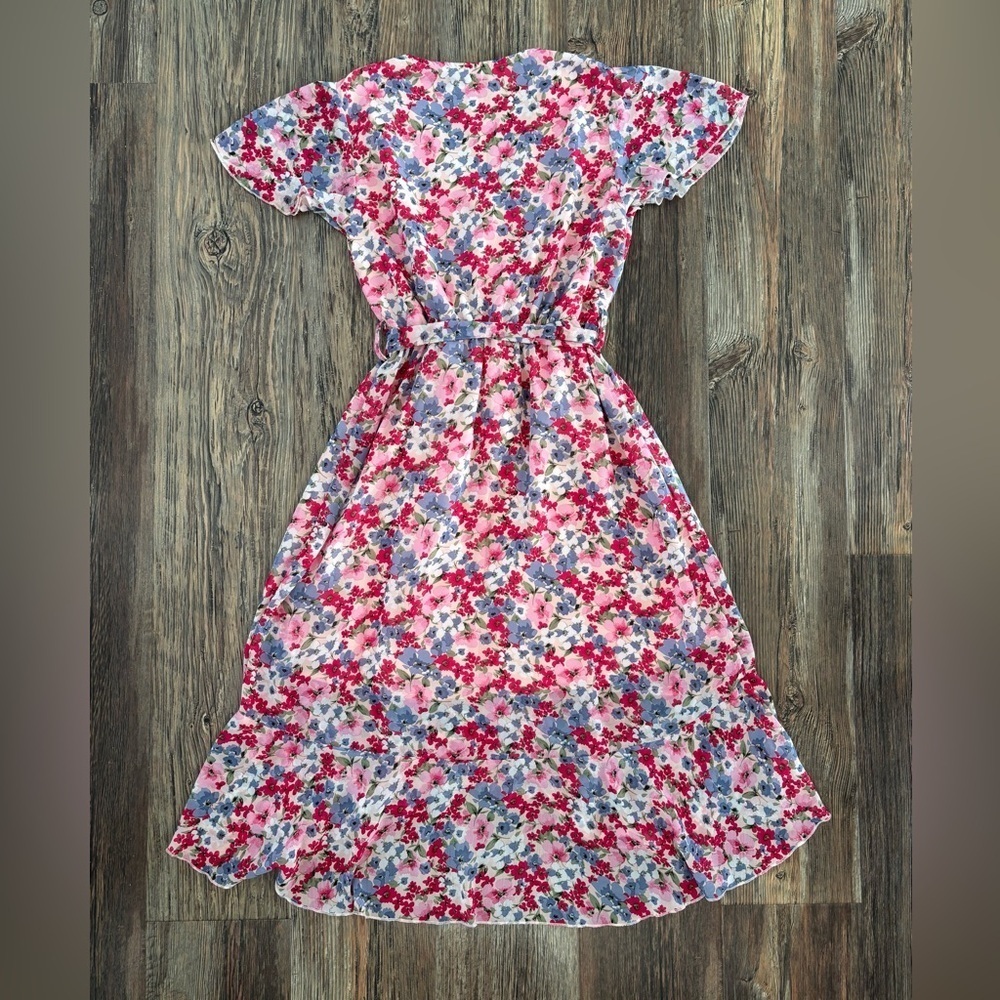 Pretty Garden M Floral Ruffle Hem Wrap Chiffon Belted Dress S/S V-Neck Colorful - Picture 2 of 11